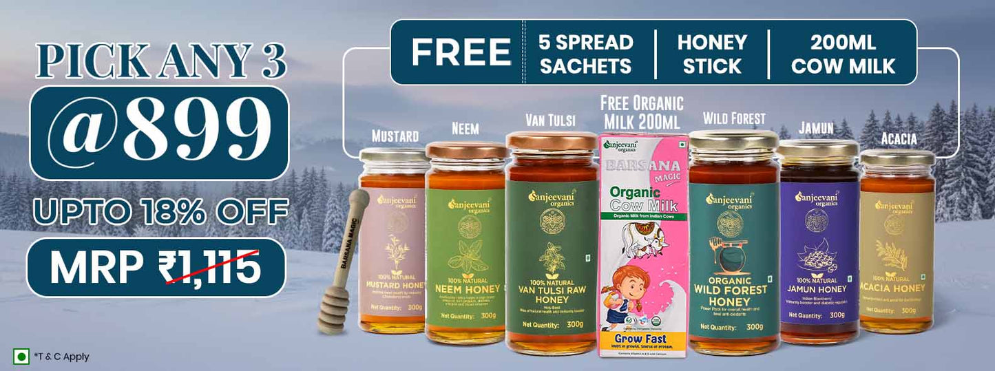 Barsana Magic and Promotional banner for a honey product set with jars and a box on a snowy background.