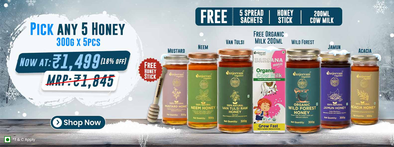 Barsana Magic and Pick any 5 jars of honey at 1499 Barsana Magic and Assorted honey jars on a white background with promotional text and branding.