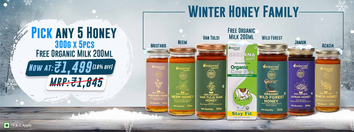 Barsana Magic and Pick any 3 jars of honey at 899 Barsana Magic and Promotional banner for a winter honey family with various honey jars displayed.
