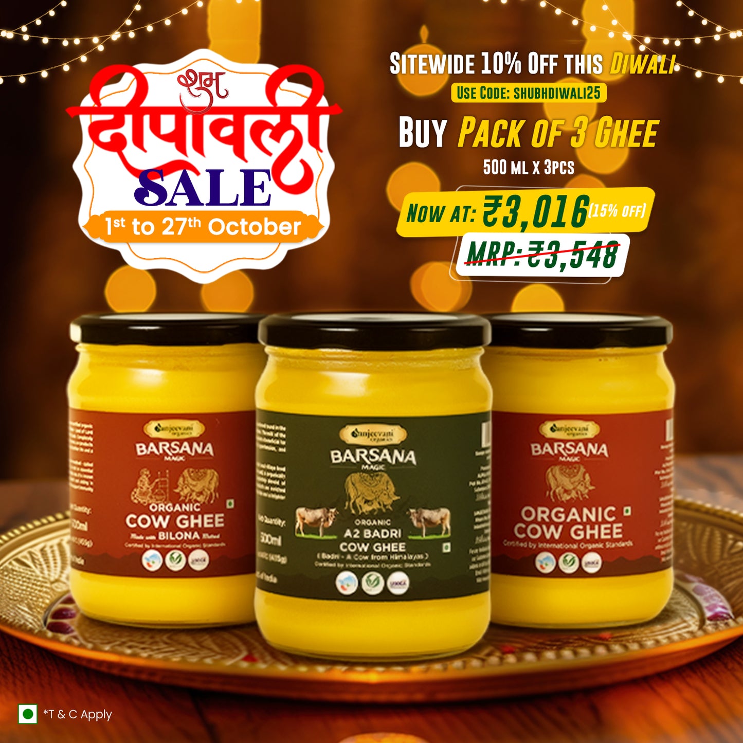 Barsana Magic and Three jars of cow ghee on a decorative tray with Diwali sale text and offer details.