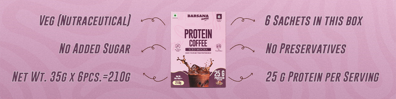 Barsana Magic and Protein Coffee package on a pink background with nutritional information.