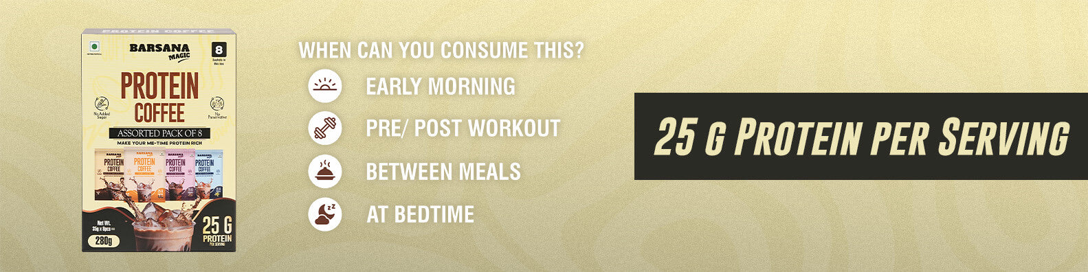 Barsana Magic and Protein Coffee packaging with usage guidelines and protein content on a beige background