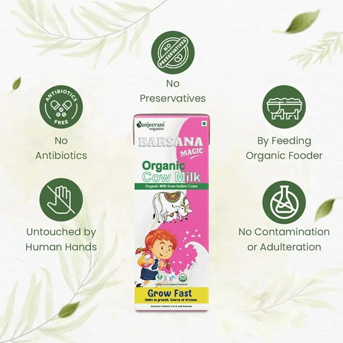 Bansana Organic Cow Milk packaging with health benefits on a light background