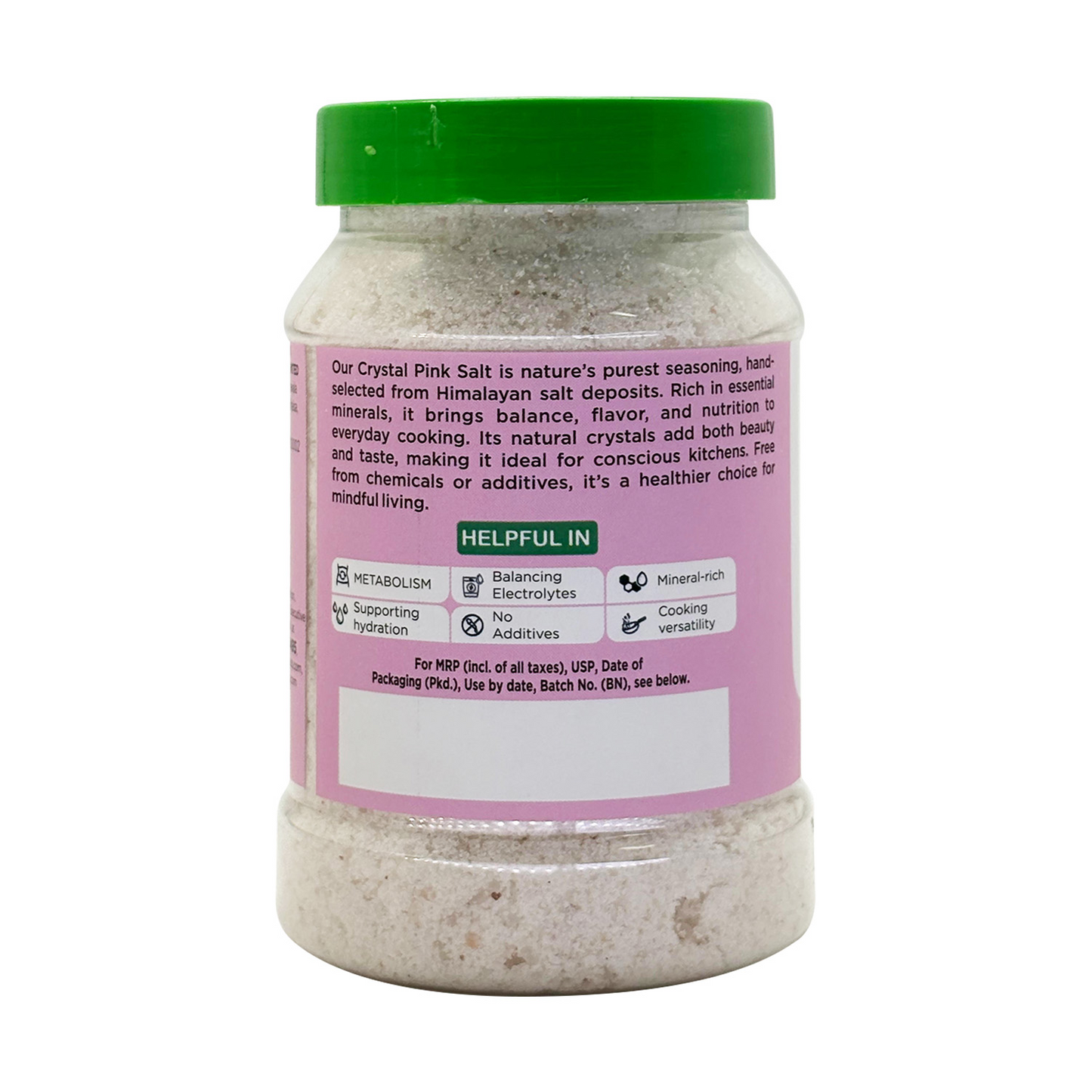 Barsana Magic and Jar of crystal pink salt with a green lid on a white background