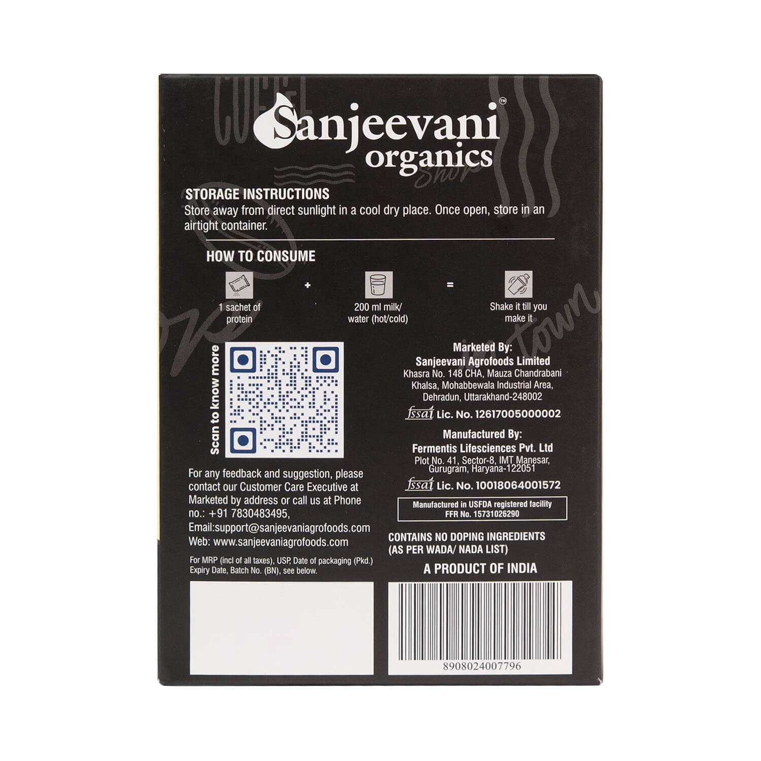 Barsana Magic and Back of a Sanjeevani Organics product packaging with text and QR code.