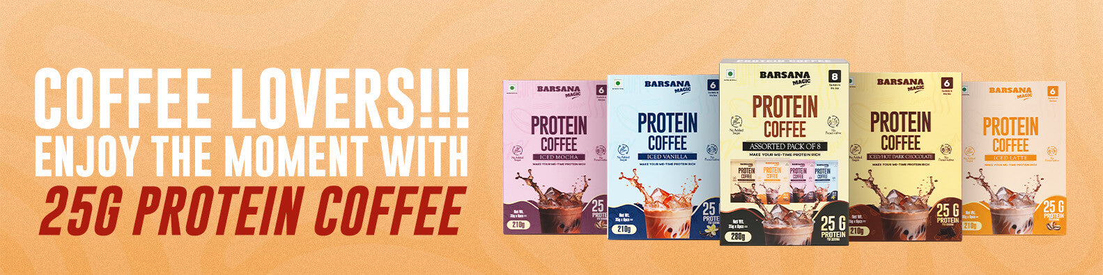Barsana Magic and Protein Coffee packaging on a gradient background with promotional text.