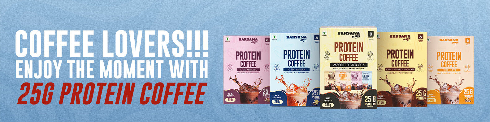 Barsana Magic and Protein Coffee packages on a blue background with promotional text.