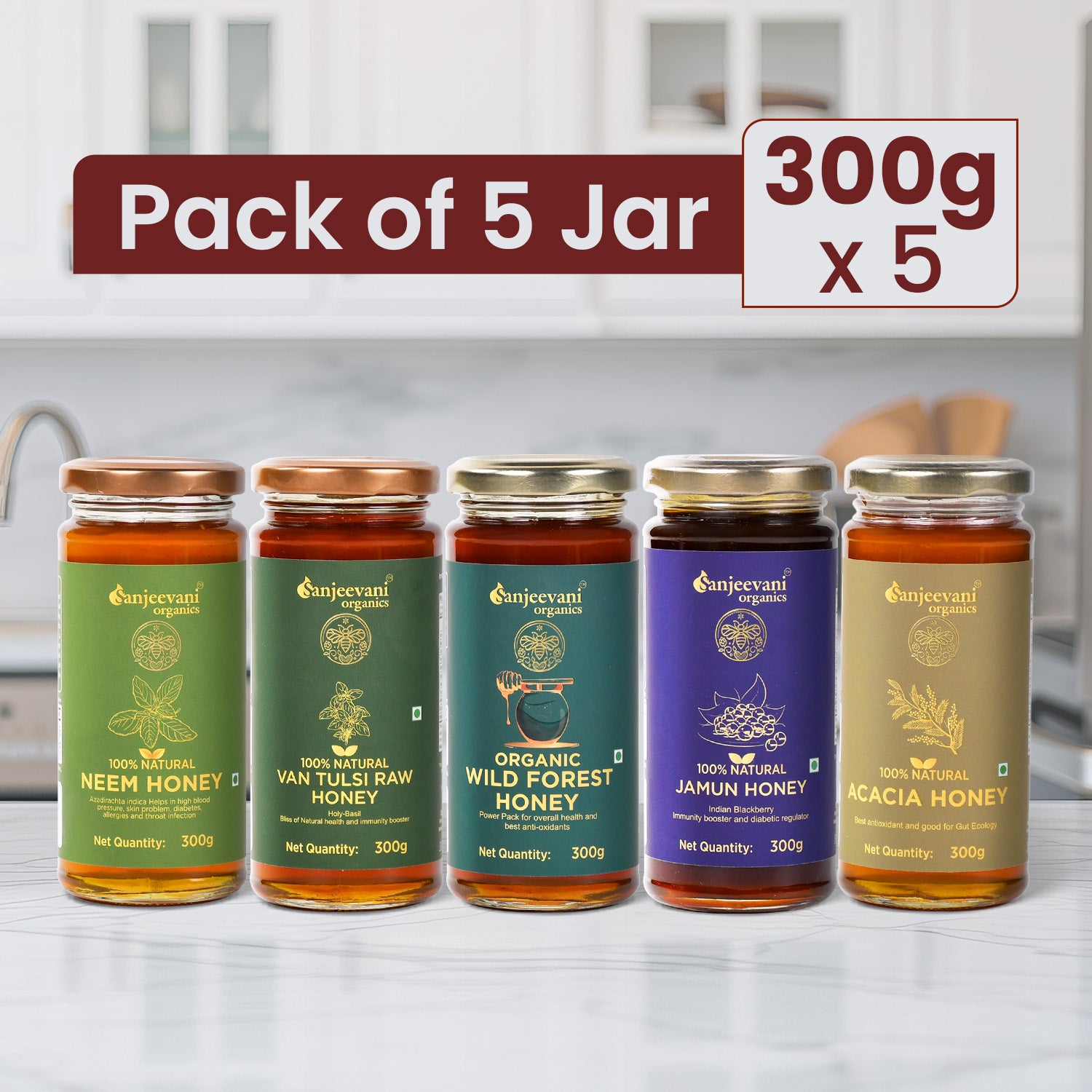 Barsana Magic and Pack of 5 jars of organic honey with labels on a kitchen counter.