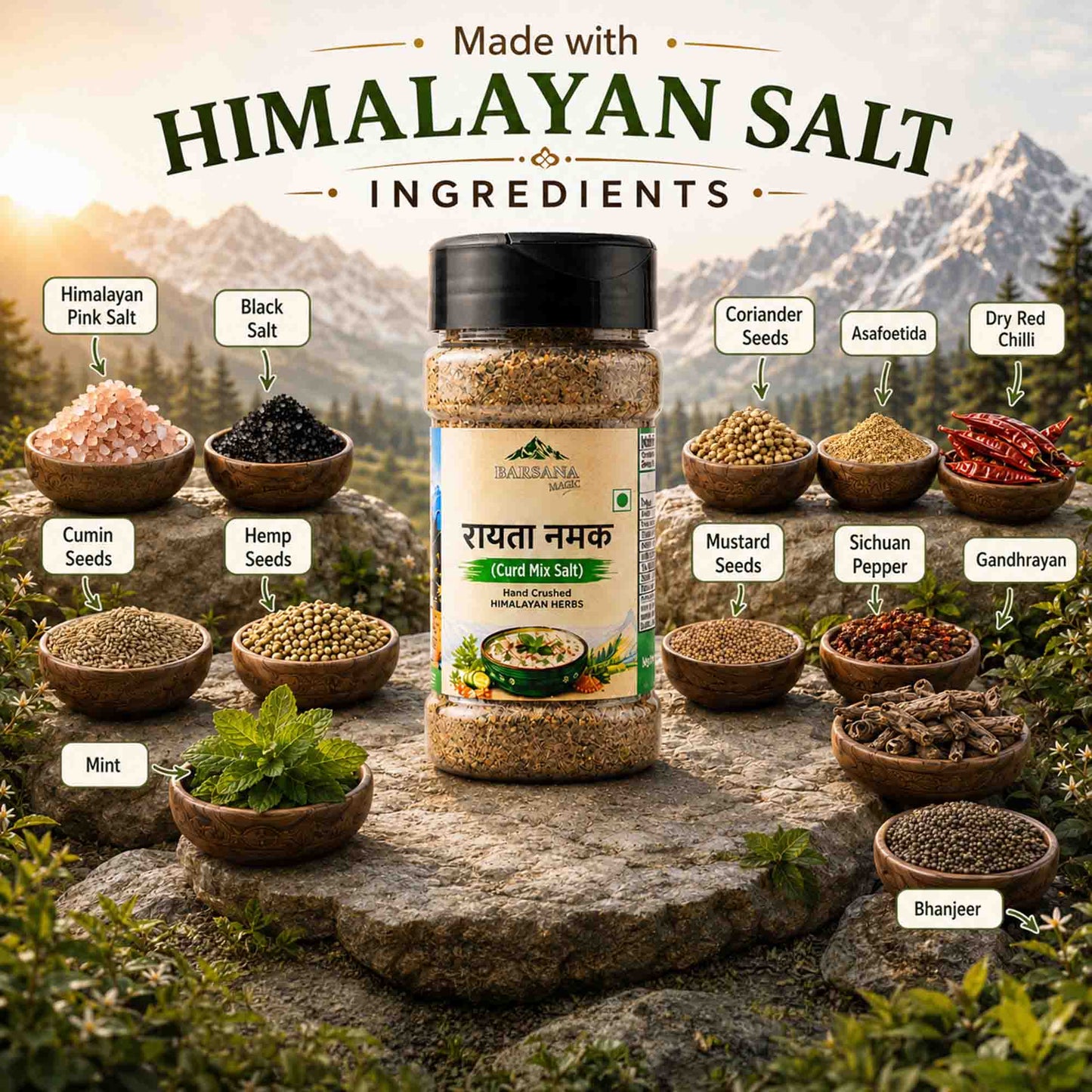 Barsana Magic and A jar of Salsalata Rawayta Namak (mixed Himalayan salt) is displayed in the center on a stone, surrounded by bowls of its ingredients (pink salt, black salt, coriander seeds, asafoetida, dried red chili, cumin seeds, hemp seeds, mustard seeds, Sichuan pepper, gandrayan, mint, and bharjeer) with a scenic mountain background and text overlays detailing the ingredients.