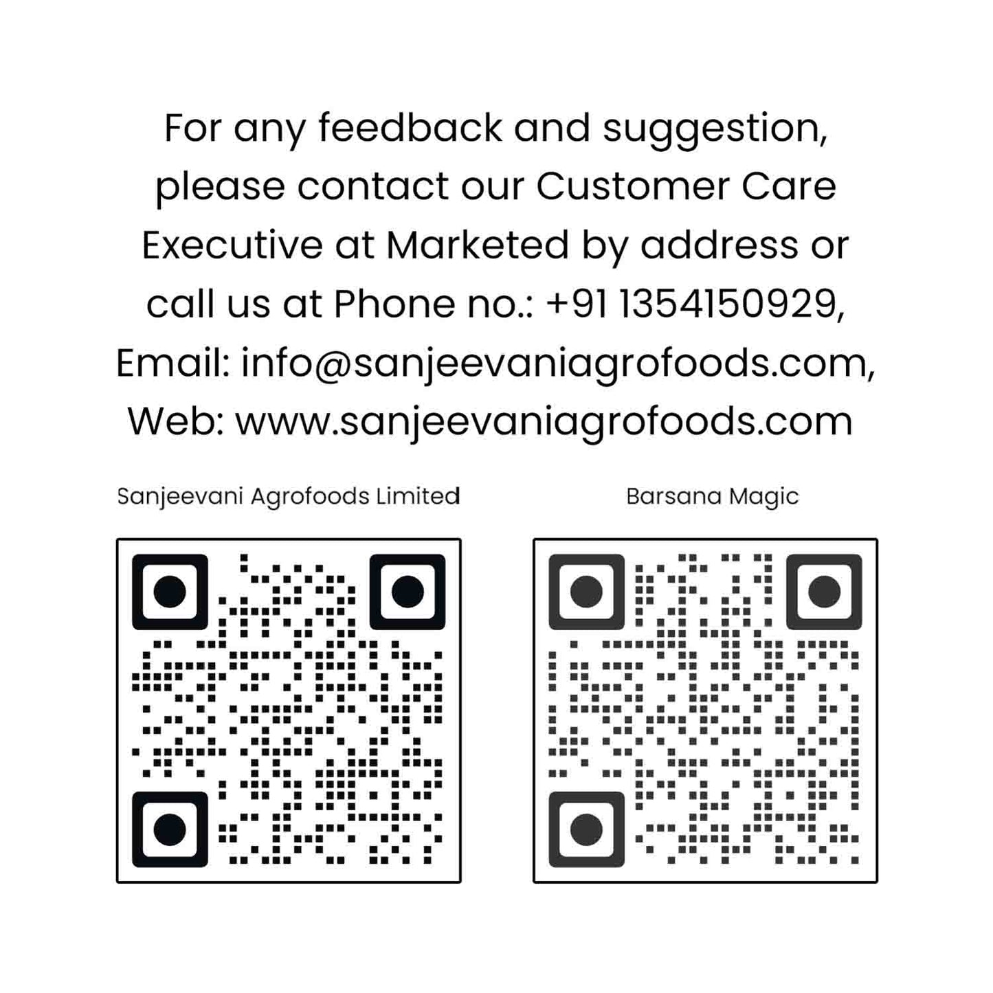 Barsana Magic and Contact information for Sanjeevani Agrofoods Limited with QR codes on a white background