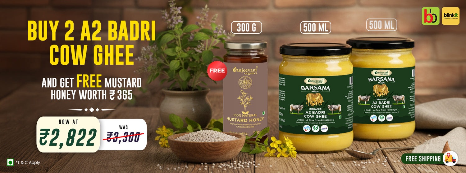 Barsana Magic and buy pakc of two a2 badri ghee and mustard free Barsana Magic and ghee and mustard honey products on a wooden surface with promotional text.