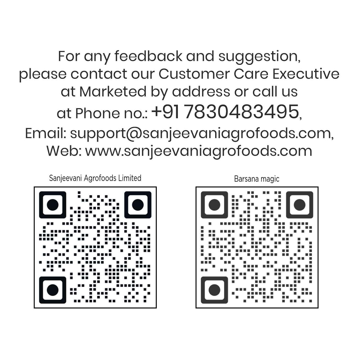 Barsana Magic and Contact information for Sanjeevani Agrofoods Limited with QR codes on a white background.