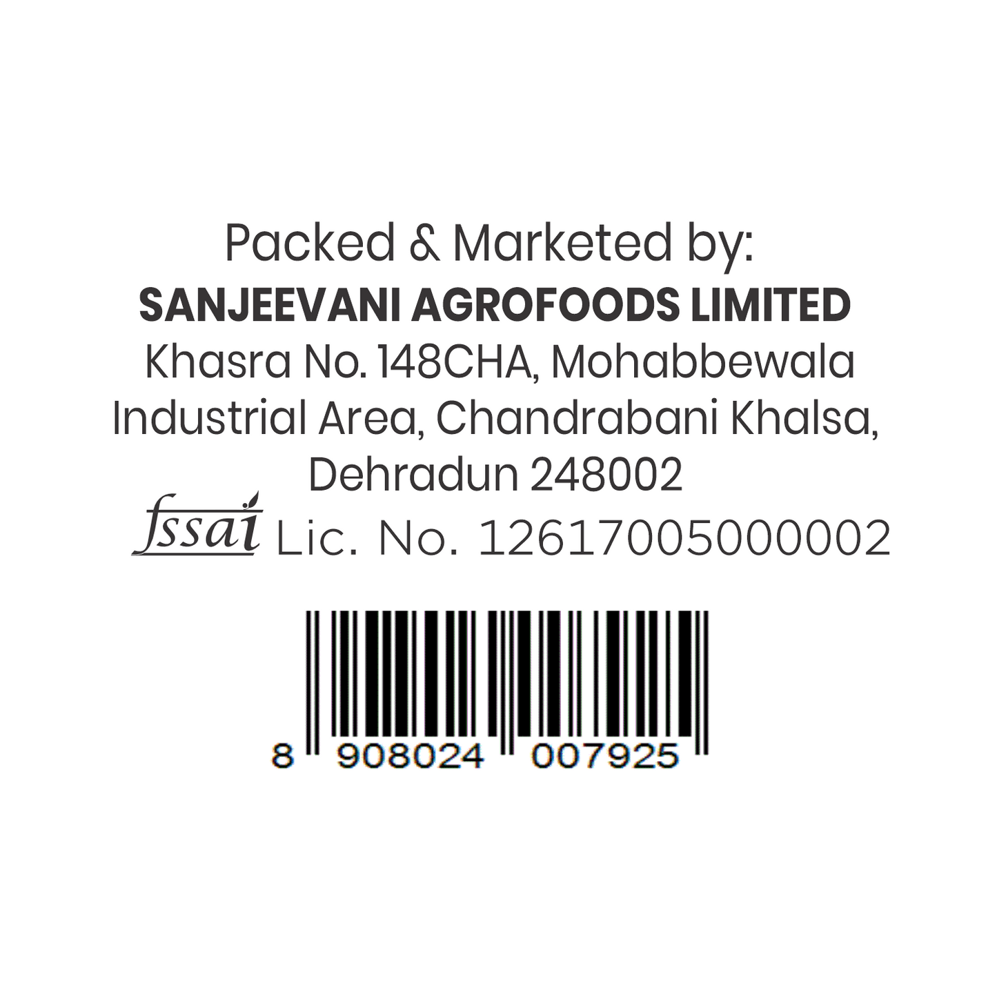 Barsana Magic and Label with Sanjeevani Agrofoods Limited information and a barcode on a white background