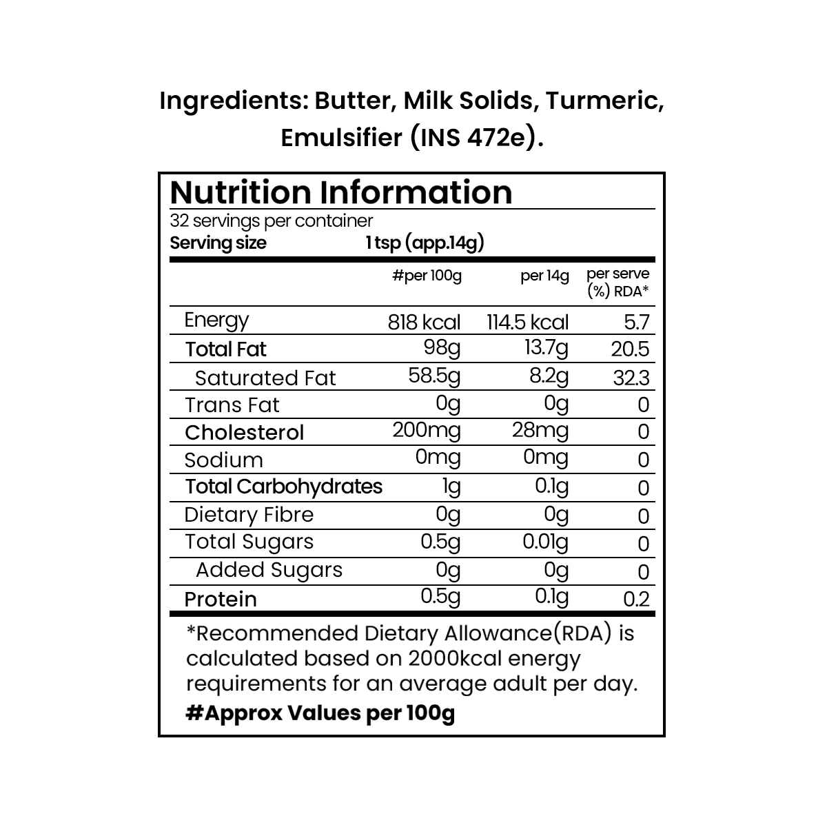 Golden-hued Organic Turmeric Milk Fat Spread in a 500ml jar, crafted from pure cow milk and infused with turmeric.
