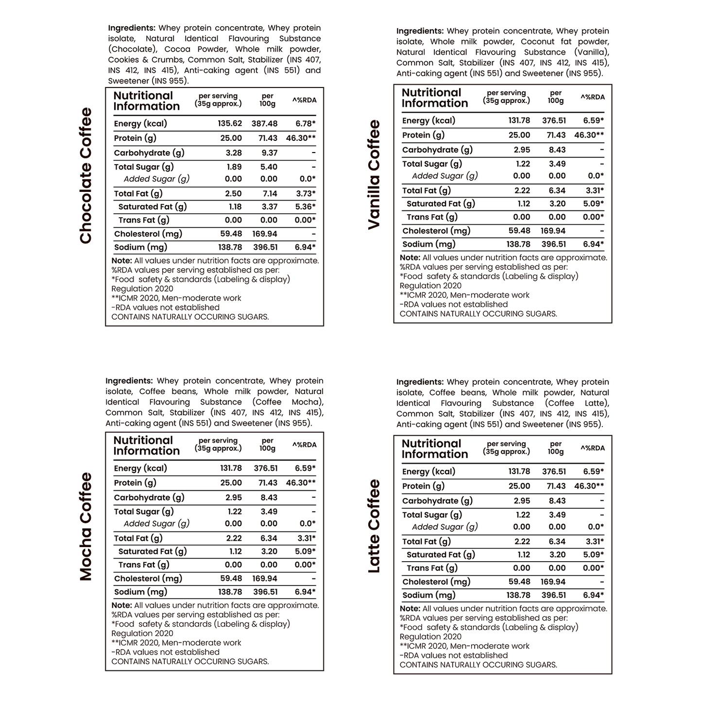 Barsana Magic and Nutritional information labels for different coffee flavors on a white background