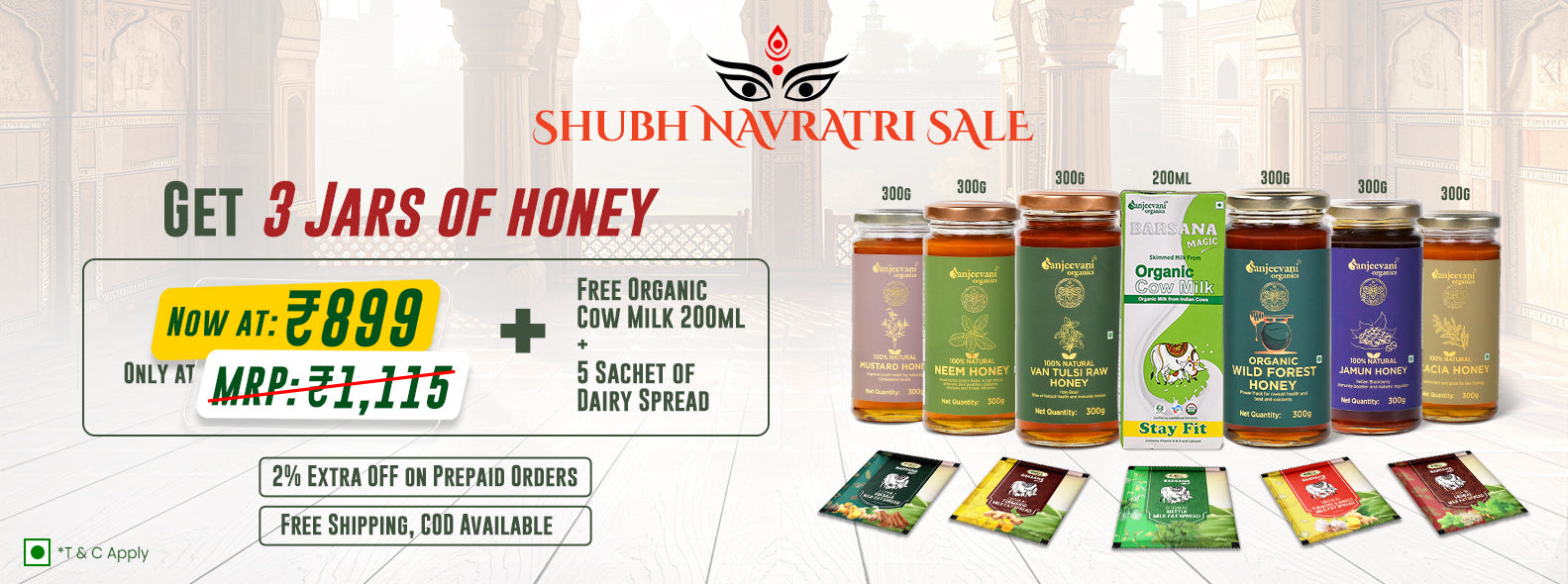 Barsana Magic and Promotional banner for Shubh Navratri Sale with jars of honey and dairy products.