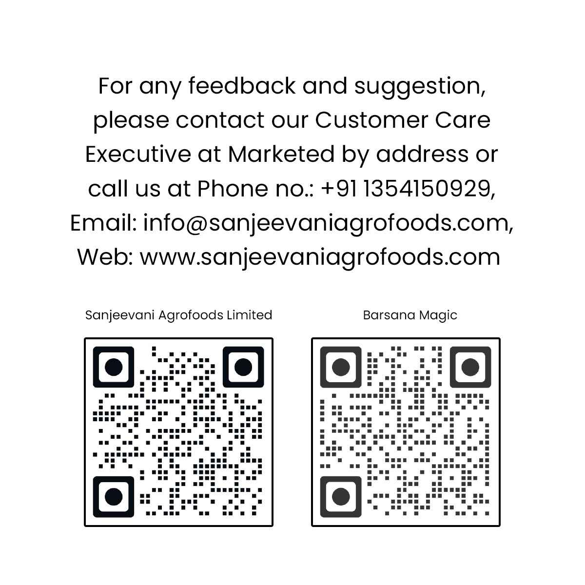 Customer support contact details with QR codes for Sanjeevani Agrofoods Limited and Barsana Magic