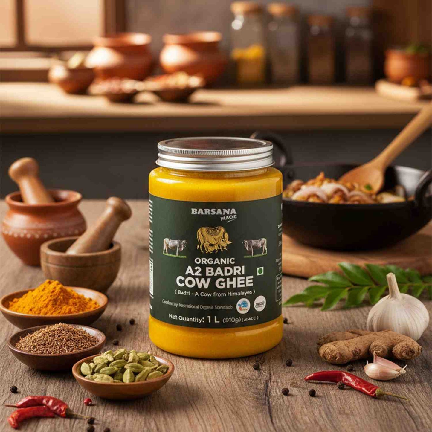 Barsana Magic and Jar of Organic A2 Badri Cow Ghee on a wooden table with spices and kitchen items.