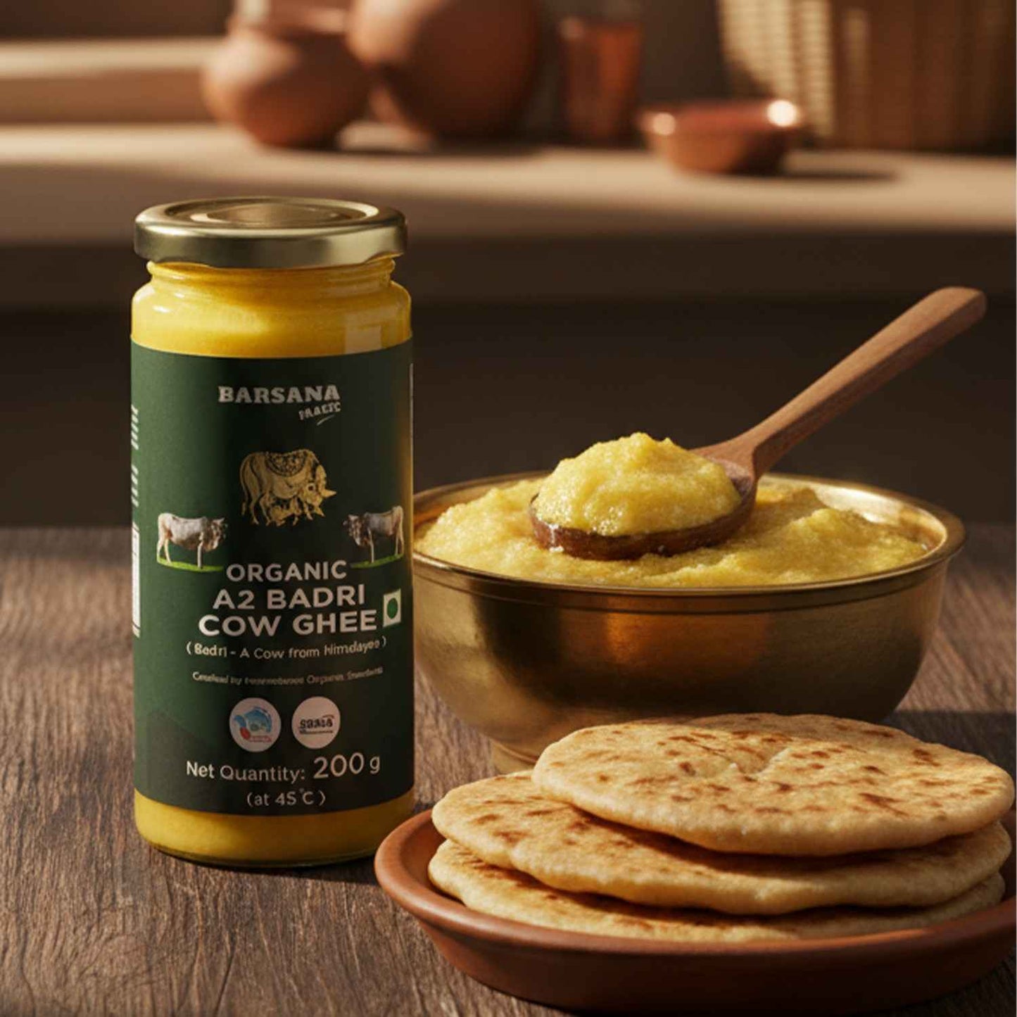 Barsana Magic and Jar of Barsana Organic A2 Badri Cow Ghee with a bowl of ghee and flatbreads on a wooden surface.