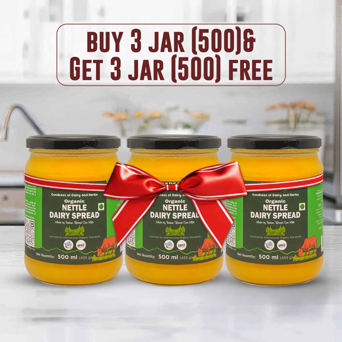 Barsana Magic and Three jars of Nettle Dairy Spread with a red bow on a kitchen counter, promotional text above.