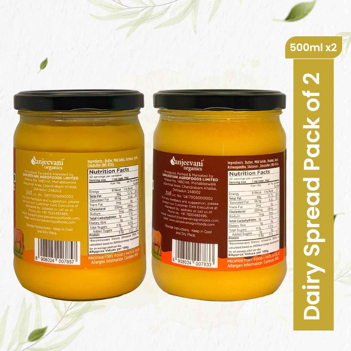 Barsana Magic and Two jars of Anjevani Organics dairy spread with labels and nutritional information on a white background.