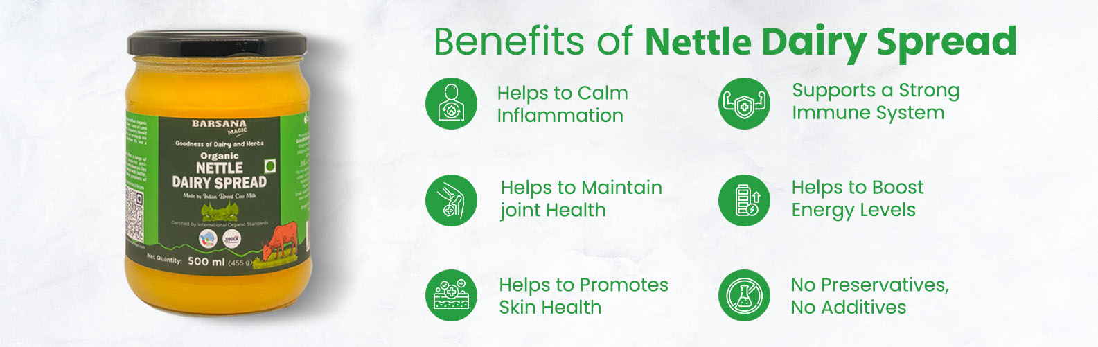 Barsana Magic and Jar of nettle dairy spread with benefits listed on a white background