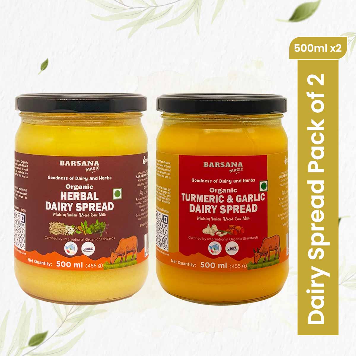 Barsana Magic and Two jars of Barsana Dairy Spread with labels for Herbal and Turmeric & Garlic varieties on a white background.