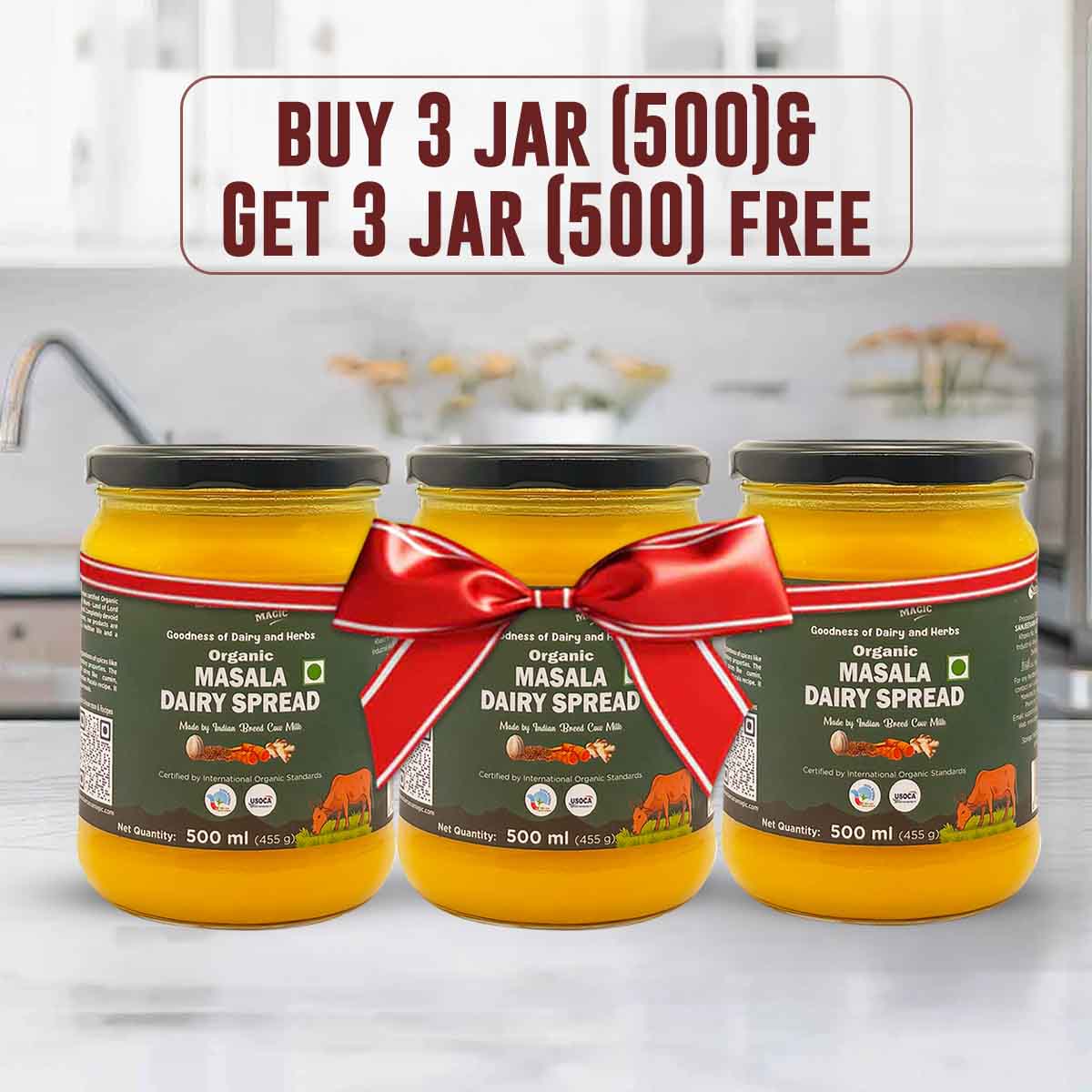 Barsana Magic and Three jars of Organic Masala Dairy Spread with a red bow on a kitchen counter, promotional text overlay.