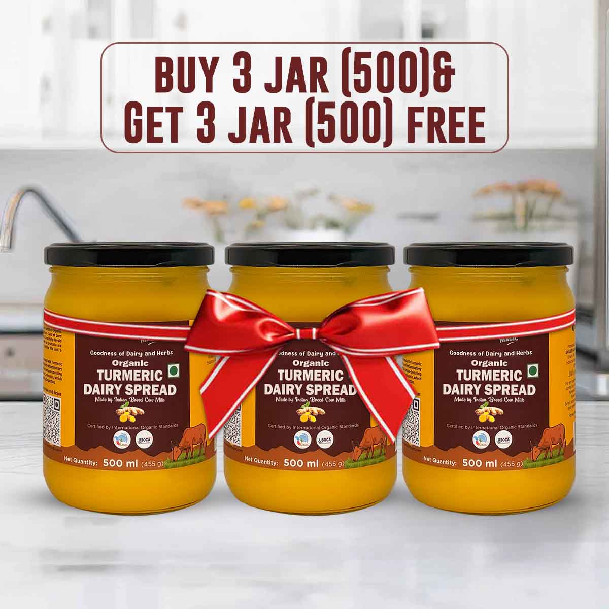 Barsana Magic and Three jars of organic turmeric dairy spread with a red bow on a kitchen counter, promotional text overlay.