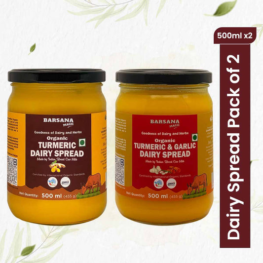 Barsana Magic and Two jars of Organic Turmeric Dairy Spread with labels on a white background.