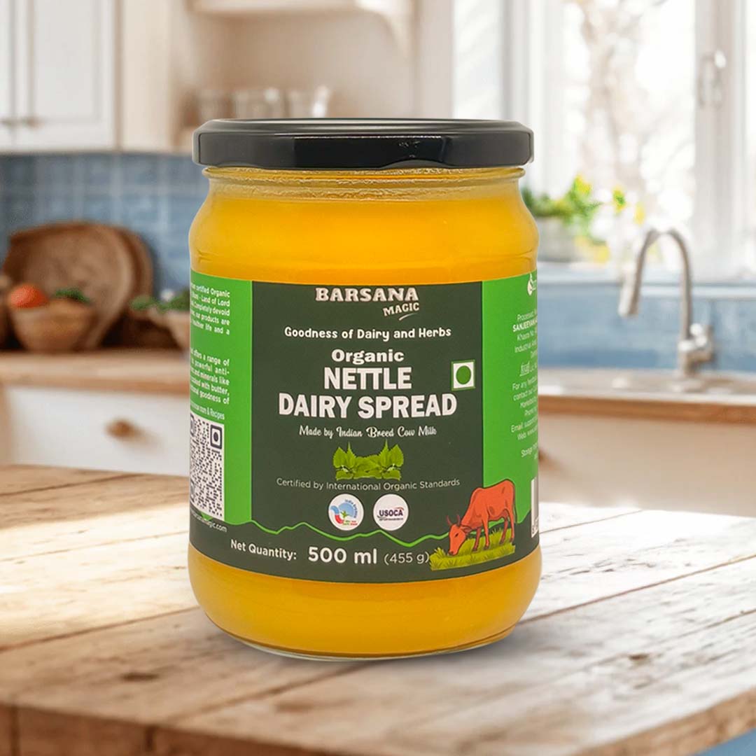 Barsana Magic and Jar of Barsana Organic Nettle Dairy Spread on a kitchen counter