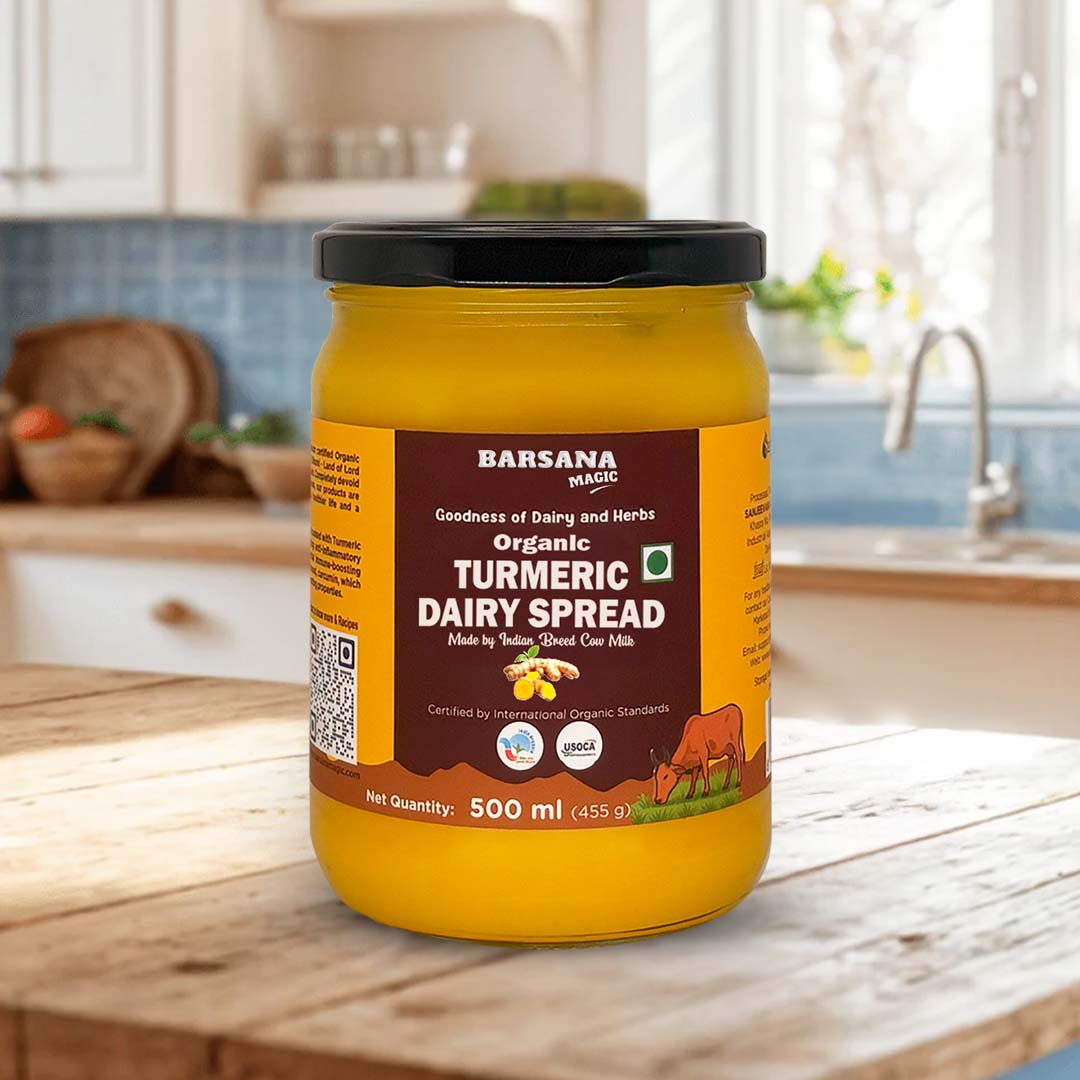 Barsana Magic and Jar of Barsana Organic Turmeric Dairy Spread on a kitchen counter