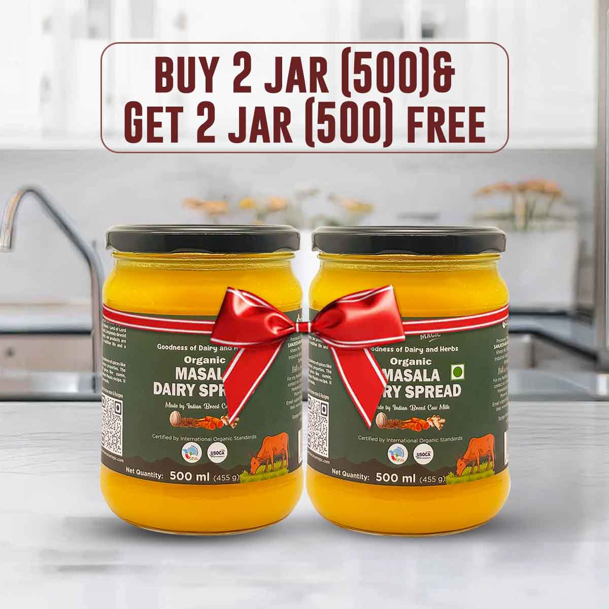 Barsana Magic and Two jars of Organic Masala Dairy Spread with a promotional banner in a kitchen setting.