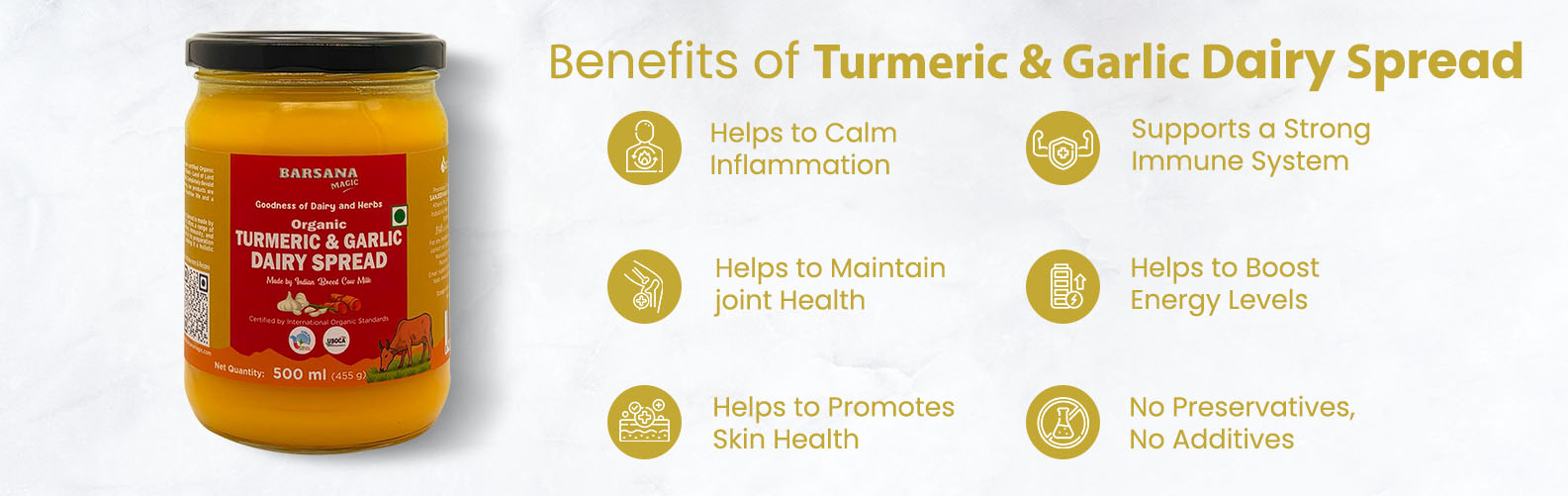 Barsana Magic and Jar of turmeric and garlic dairy spread with benefits listed on a white background