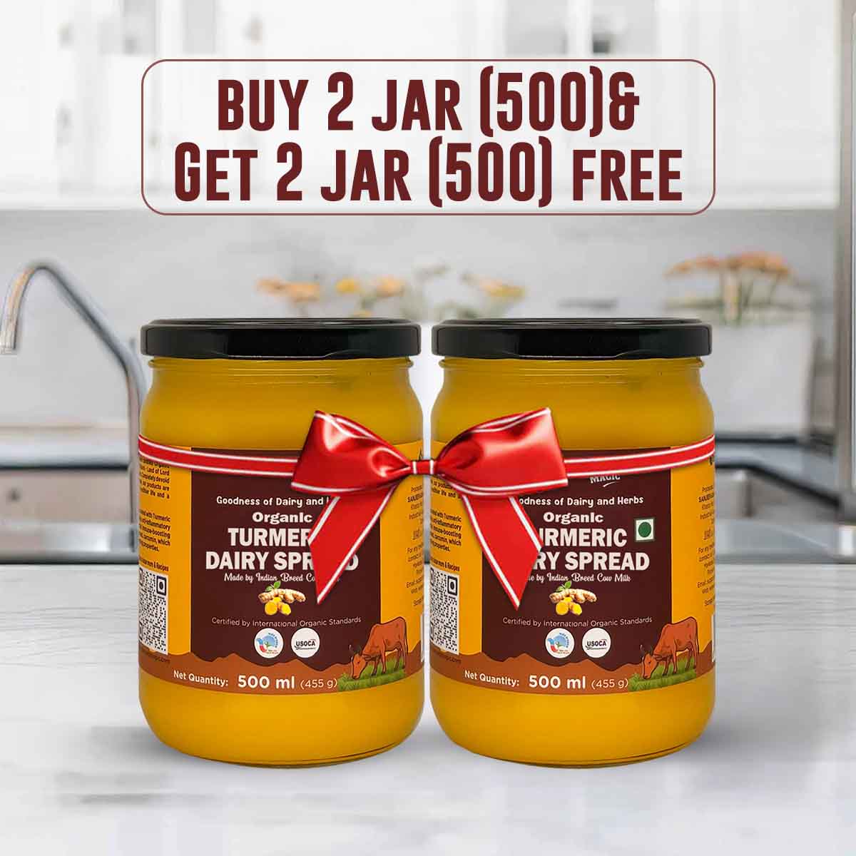 Barsana Magic and Two jars of organic turmeric dairy spread with a promotional banner in a kitchen setting.