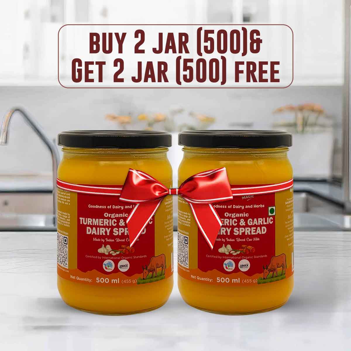 Barsana Magic and Two jars of organic turmeric and dairy spread with a promotional banner in a kitchen setting.