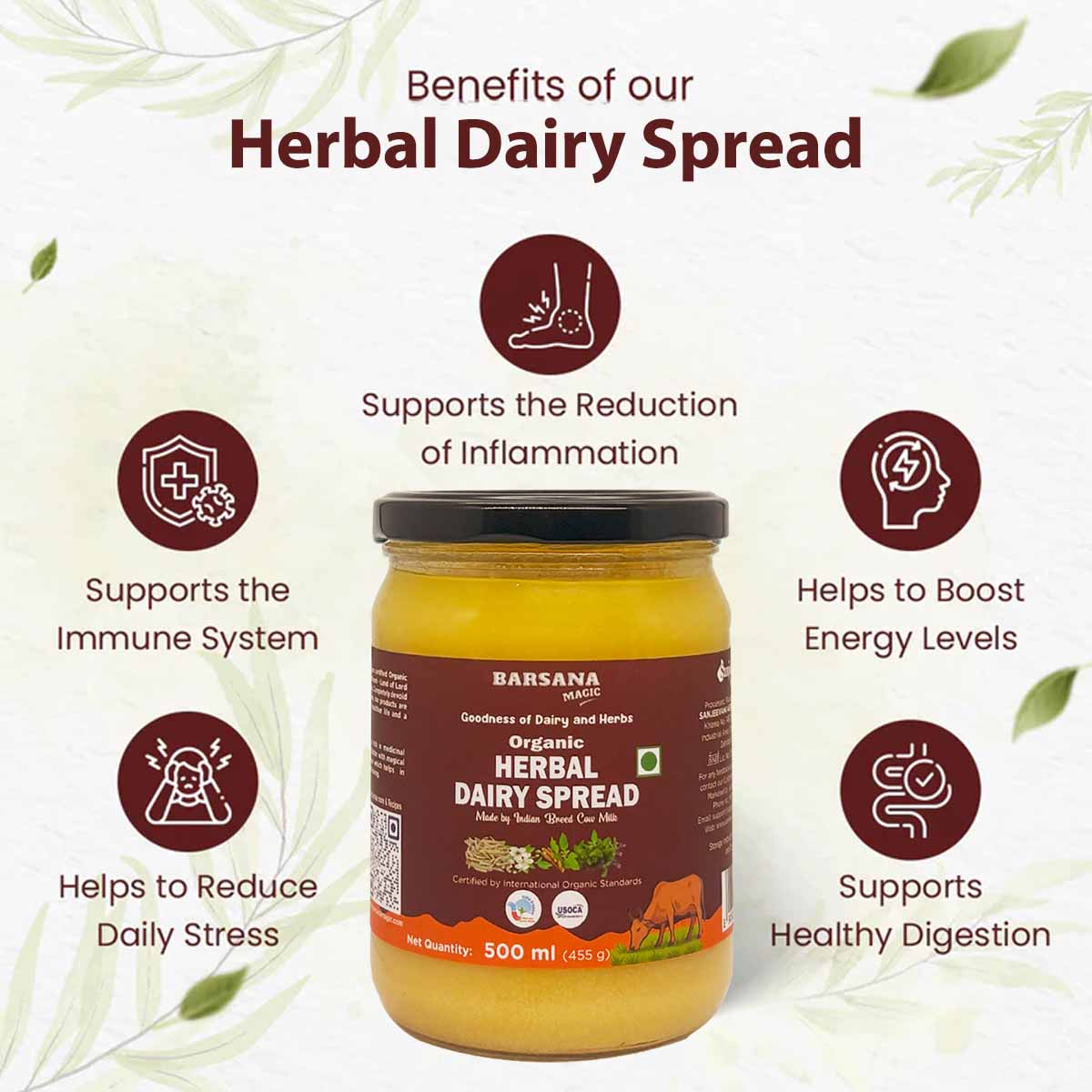 Barsana Magica and Jar of Barsana Herbal Dairy Spread with health benefits listed on a white background