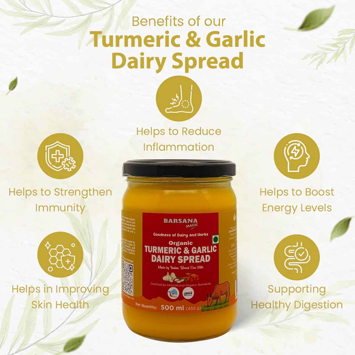Barsana Magic and Jar of Turmeric & Garlic Dairy Spread with health benefits listed on a white background