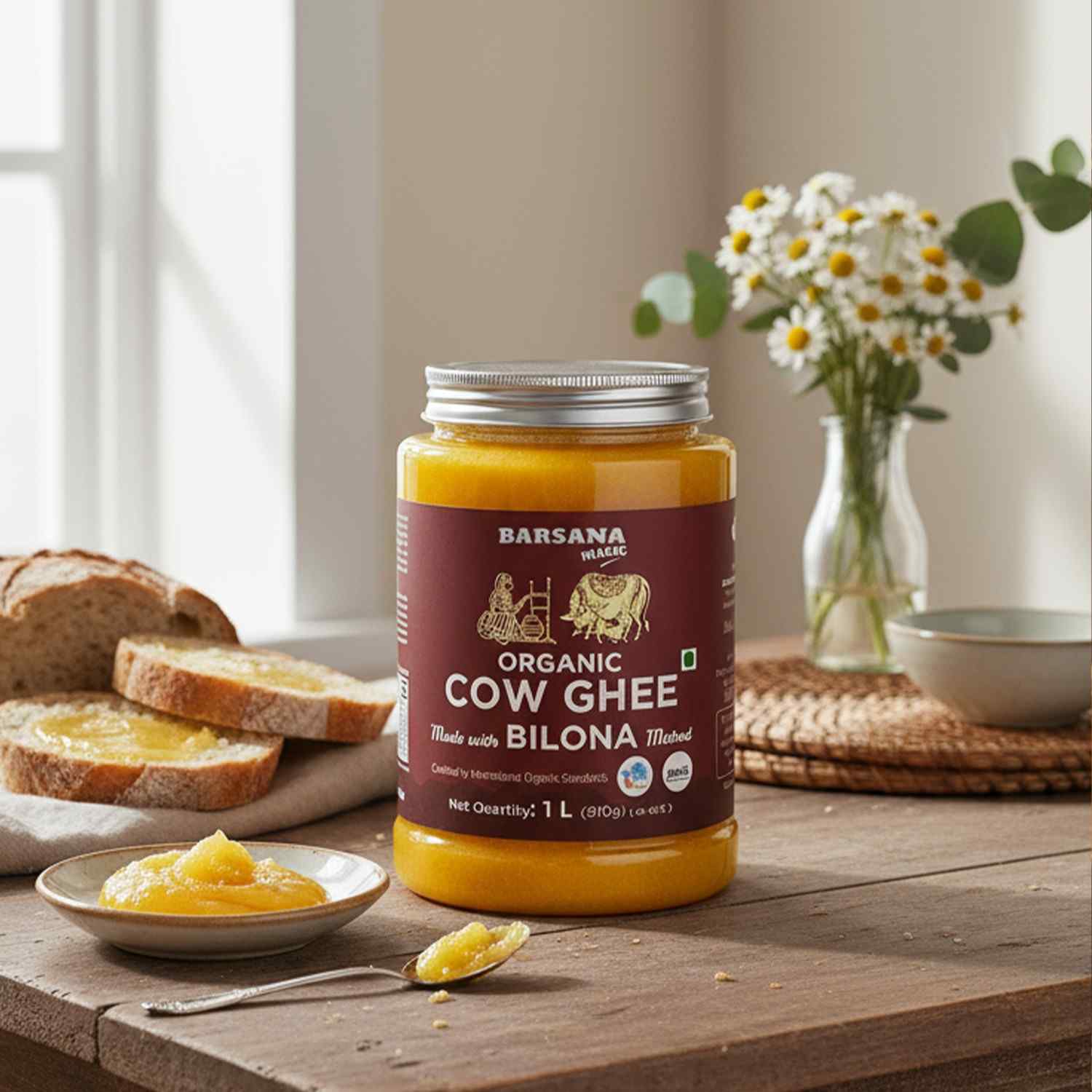 Barsana Magic and Jar of Organic Cow Ghee on a wooden table with bread and flowers in the background