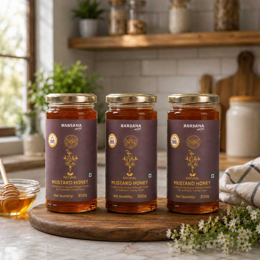 Barsana Magic and Three jars of Mustard Honey on a wooden board with a kitchen background.
