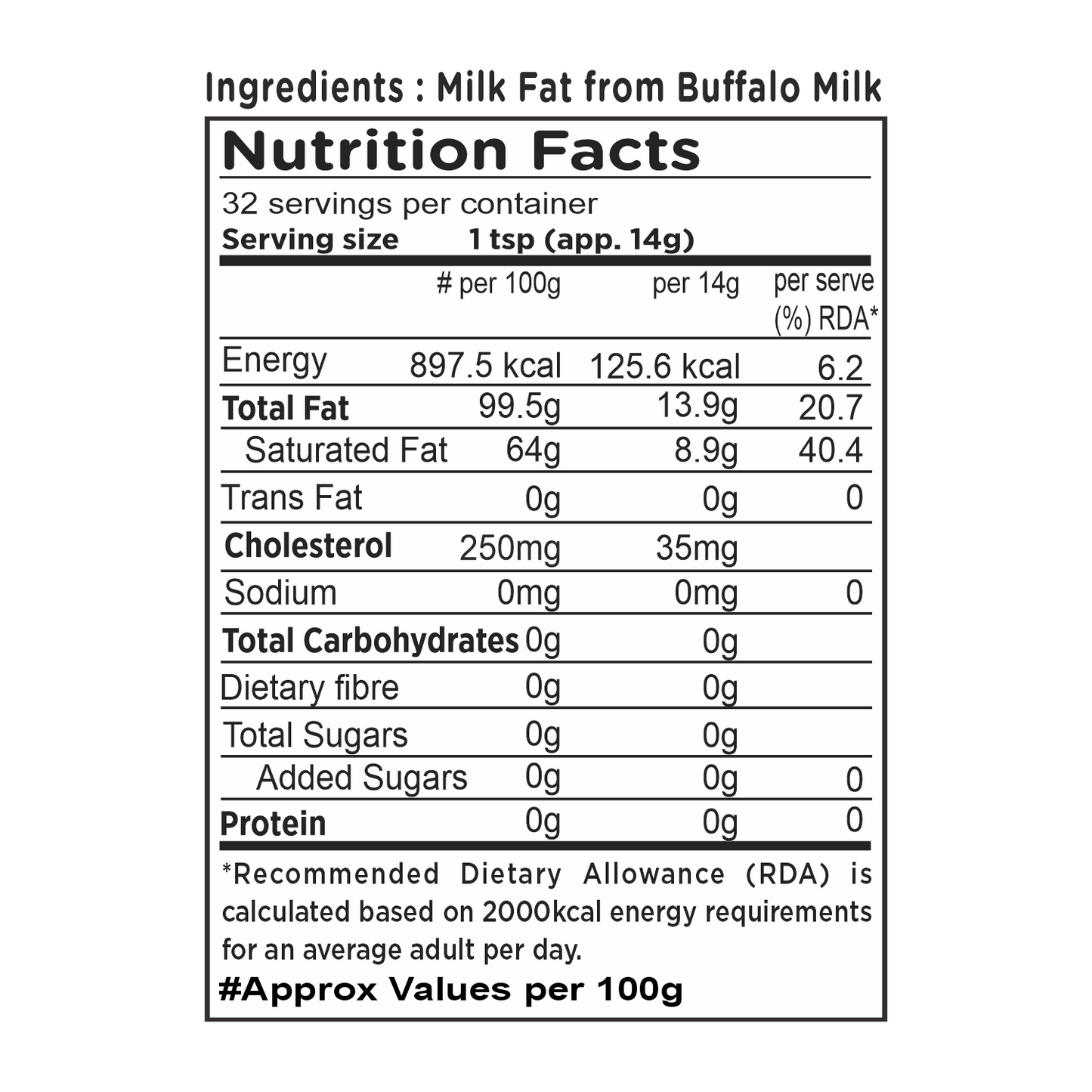 Barsana Magic and Nutrition facts label for milk fat from buffalo milk with serving size, energy, fat, cholesterol, and carbohydrate content.