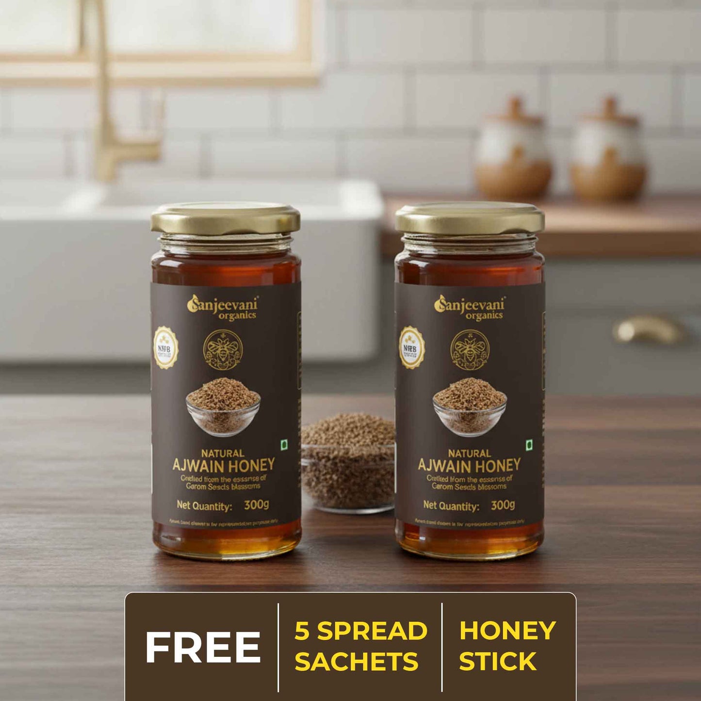 Barsana Magic and Two jars of Ajwain honey on a kitchen counter with a free offer text overlay.