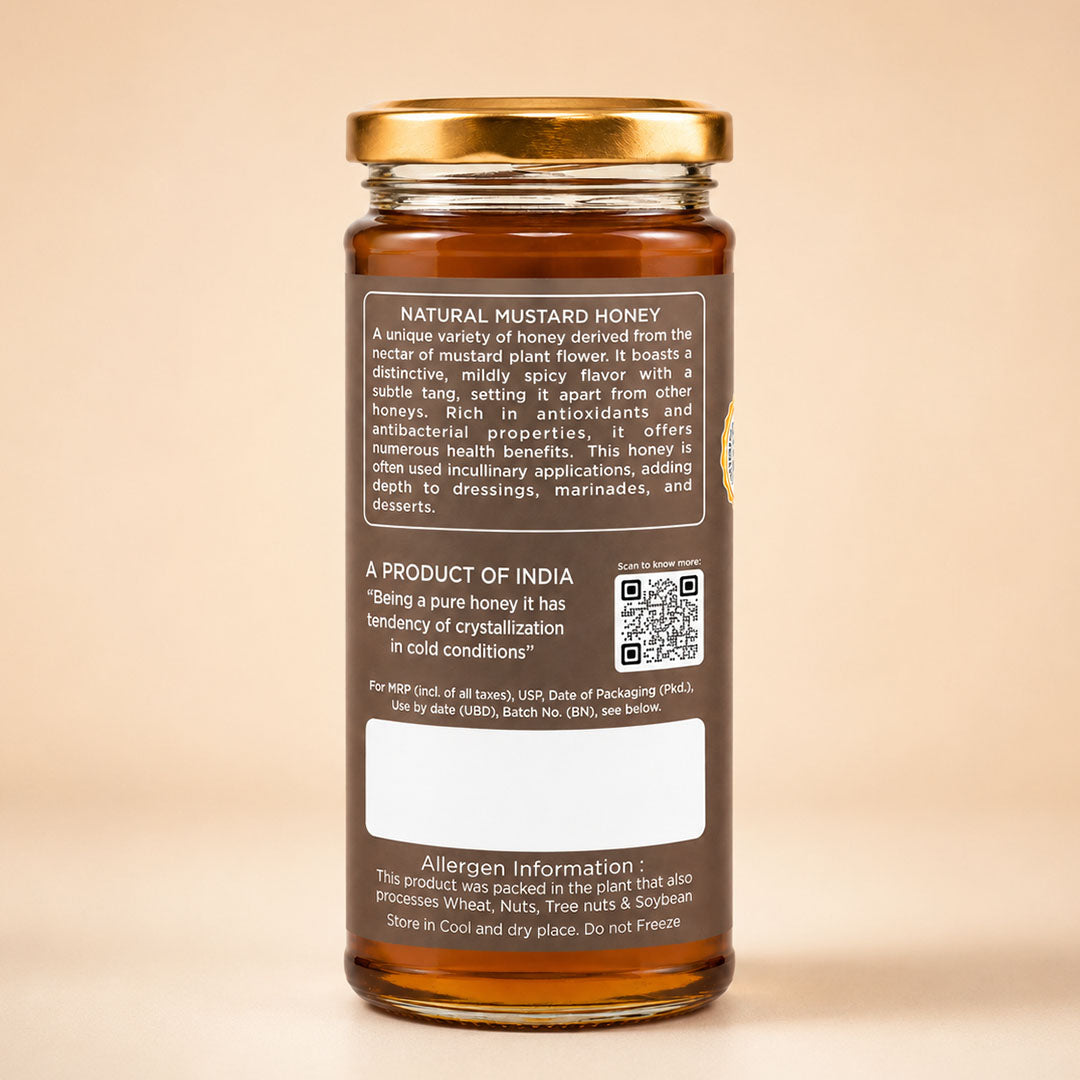 Barsana Magic and A glass jar of Natural Mustard Honey shown from the back, featuring a gold screw cap, amber-brown glass, and a detailed product label on a warm beige background.