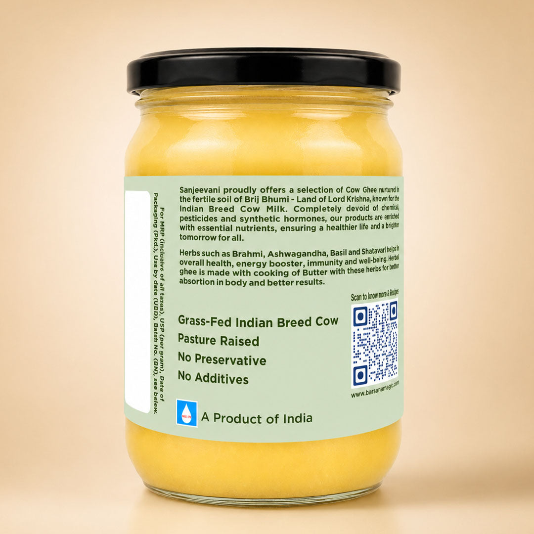 Barsana Magic and A jar of Sasejvan's Grass-Fed Indian Cow Milk Butter, featuring a pale green label with black text and a black lid, set against a solid beige background.