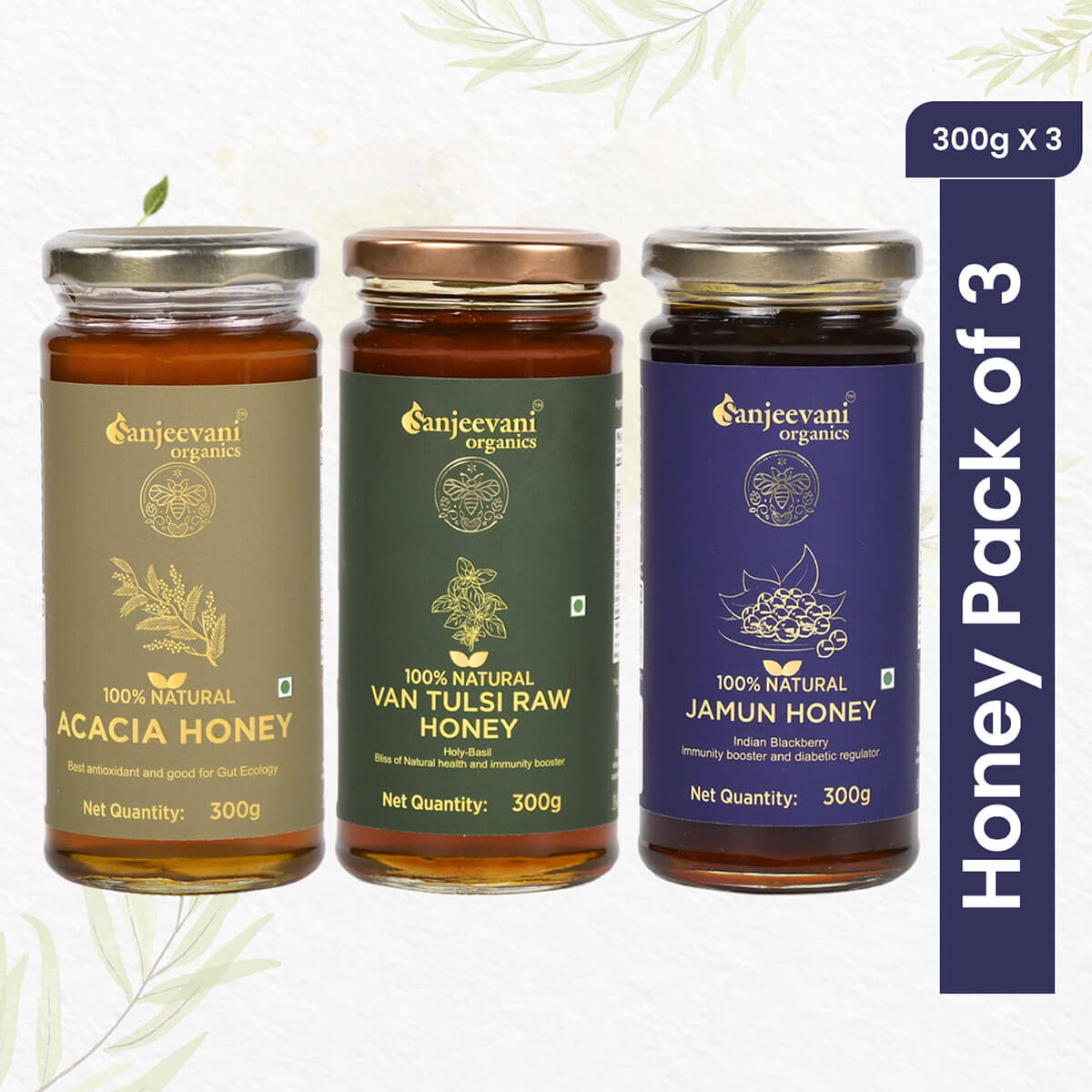Trio of 100% natural honey jars, featuring golden Acacia, rich Jamun, and herbal Van Tulsi, neatly packed for wellness.