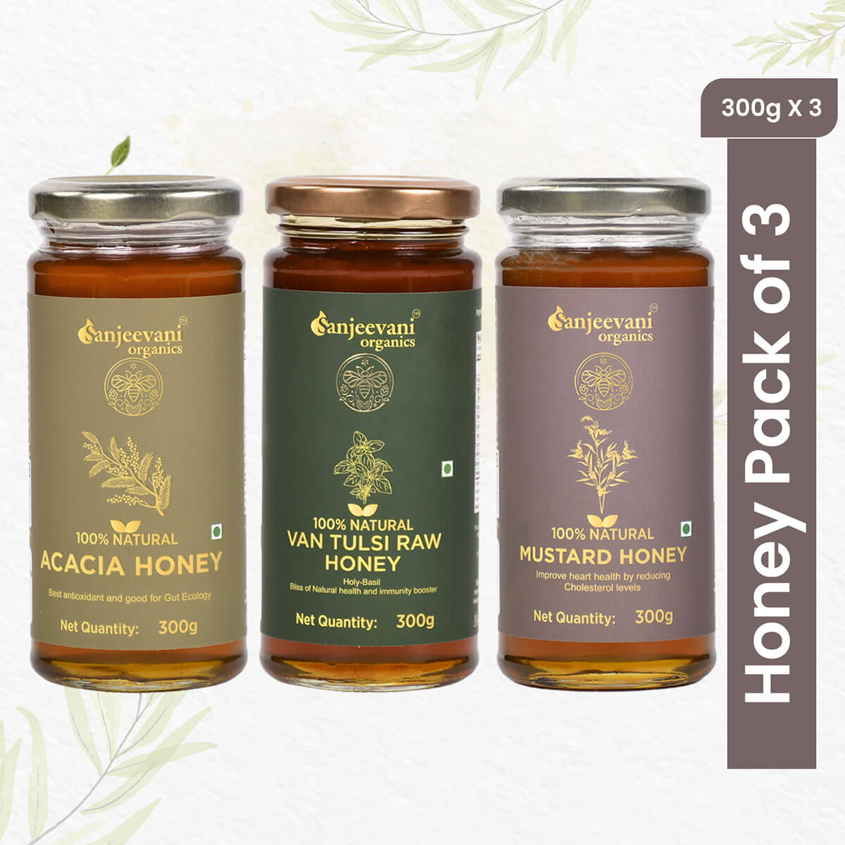 Trio of 100% natural honey jars—Acacia, Mustard, and Van Tulsi—displayed together, showcasing golden hues and pure, unpasteurized goodness.