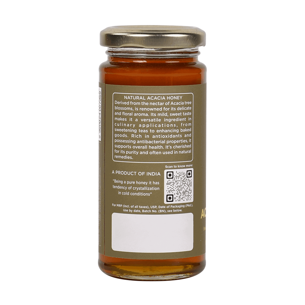 Pure 100% Natural Acacia Honey in a 300g jar, showcasing its pale golden hue and smooth, velvety texture.