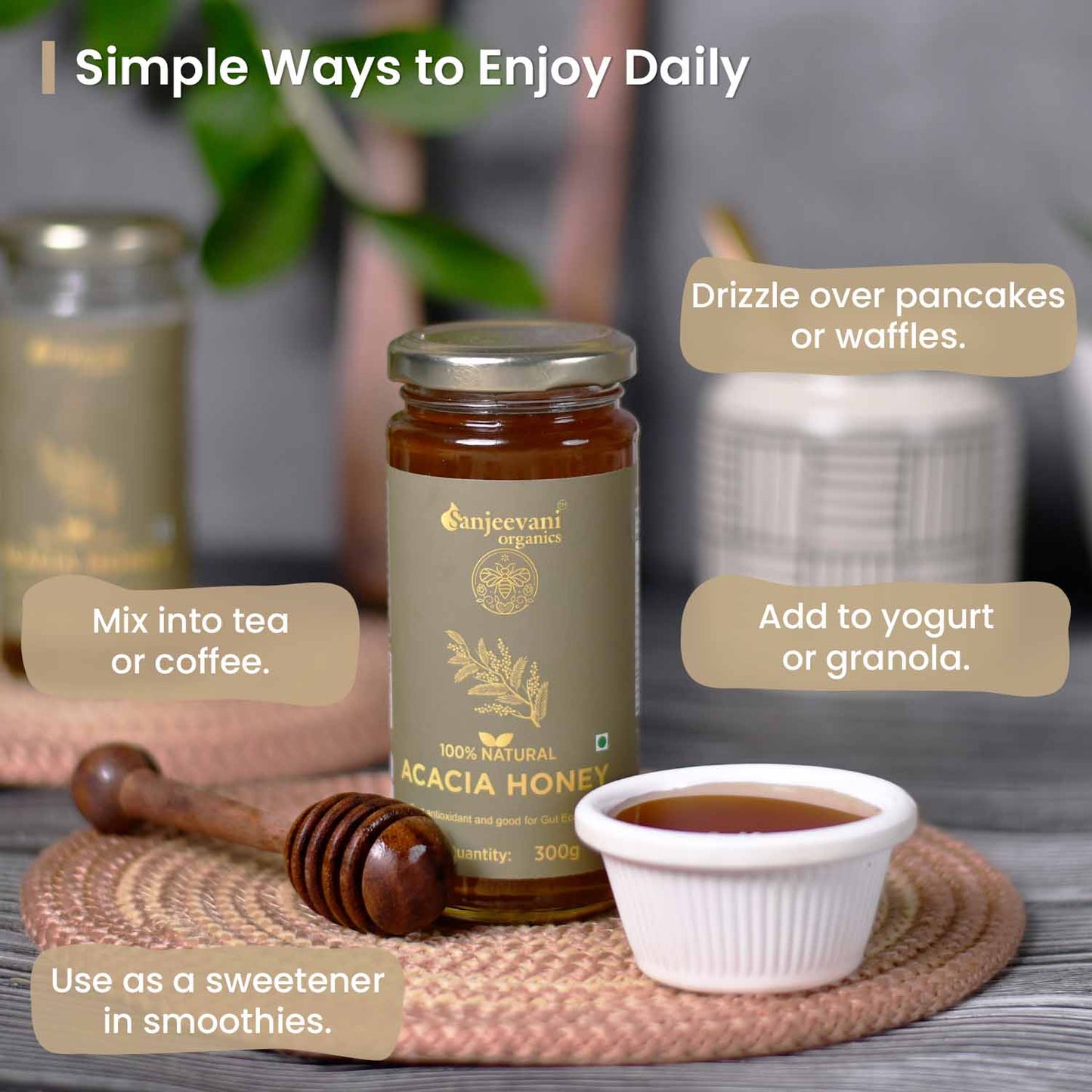 Golden Natural Acacia Honey in a clear jar, showcasing its pale, shimmering hue and smooth, viscous texture.