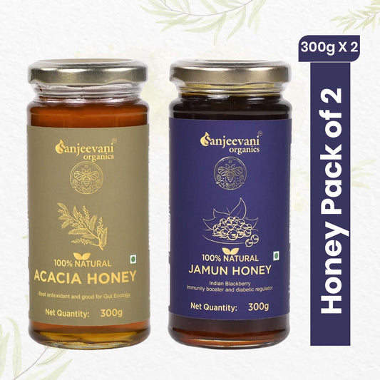 Two jars of Sanjeevani Organics’ 100% Natural Acacia and Jamun Honey, showcasing golden and amber hues of pure sweetness.