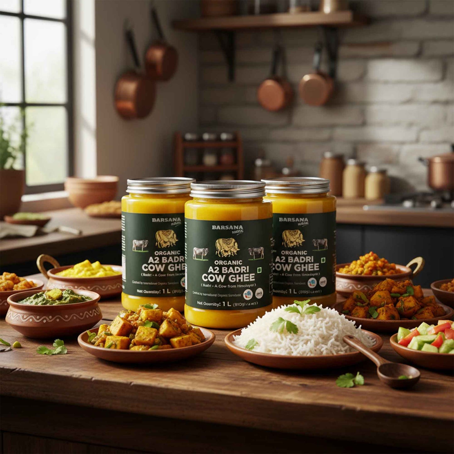 Barsana Magic and Bhavans Organic A2 Badri Cow Ghee jars on a wooden table with food in a kitchen setting.